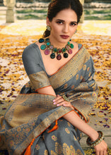Load image into Gallery viewer, Stormy Grey Woven Banarasi Silk Saree with Tassels on Pallu