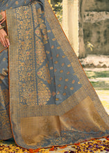 Load image into Gallery viewer, Stormy Grey Woven Banarasi Silk Saree with Tassels on Pallu