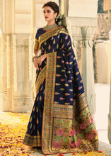 Load image into Gallery viewer, Denim Blue Woven Banarasi Silk Saree with Tassels on Pallu