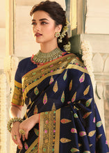 Load image into Gallery viewer, Denim Blue Woven Banarasi Silk Saree with Tassels on Pallu