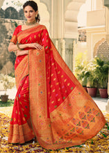 Load image into Gallery viewer, Candy Red Woven Banarasi Silk Saree with Tassels on Pallu