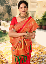 Load image into Gallery viewer, Candy Red Woven Banarasi Silk Saree with Tassels on Pallu