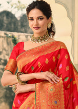 Load image into Gallery viewer, Candy Red Woven Banarasi Silk Saree with Tassels on Pallu