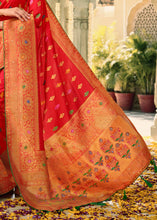 Load image into Gallery viewer, Candy Red Woven Banarasi Silk Saree with Tassels on Pallu