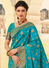 Load image into Gallery viewer, Cerulean Blue Woven Banarasi Silk Saree with Tassels on Pallu