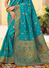 Load image into Gallery viewer, Cerulean Blue Woven Banarasi Silk Saree with Tassels on Pallu