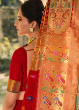 Load image into Gallery viewer, Scarlet Red Woven Banarasi Silk Saree with Tassels on Pallu