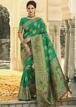Load image into Gallery viewer, Jade Green Woven Banarasi Silk Saree with Tassels on Pallu