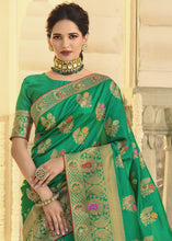 Load image into Gallery viewer, Jade Green Woven Banarasi Silk Saree with Tassels on Pallu