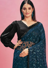 Load image into Gallery viewer, Capri Blue Net &amp; Lycra Saree with Resham Embroidery &amp; Sequins work