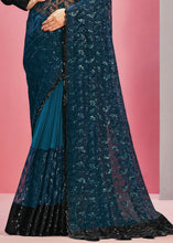 Load image into Gallery viewer, Capri Blue Net &amp; Lycra Saree with Resham Embroidery &amp; Sequins work