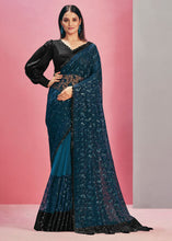 Load image into Gallery viewer, Capri Blue Net &amp; Lycra Saree with Resham Embroidery &amp; Sequins work