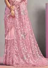 Load image into Gallery viewer, Grapefruit Pink Net &amp; Lycra Saree with Sequins Embroidery work