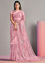 Load image into Gallery viewer, Grapefruit Pink Net &amp; Lycra Saree with Sequins Embroidery work