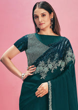 Load image into Gallery viewer, Prussian Blue Georgette Silk Saree with Sequins, Pearl &amp; Cord Embroidery