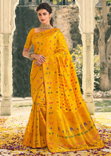 Load image into Gallery viewer, Chrome Yellow Woven Banarasi Silk Saree with Tassels on Pallu