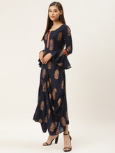 Load image into Gallery viewer, Bell sleeve printed long dress with front drape