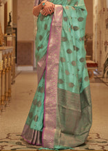 Load image into Gallery viewer, Fern Green Zari Butta Woven Tussar Silk Saree
