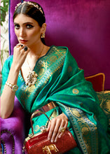 Load image into Gallery viewer, Persian Green Kanjivaram Silk Saree Woven with Silver &amp; Golden Zari