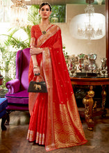 Load image into Gallery viewer, Crimson Red Kanjivaram Silk Saree Woven with Silver &amp; Golden Zari