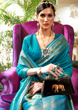 Load image into Gallery viewer, Curious Blue Kanjivaram Silk Saree Woven with Silver &amp; Golden Zari