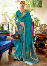 Load image into Gallery viewer, Curious Blue Kanjivaram Silk Saree Woven with Silver &amp; Golden Zari