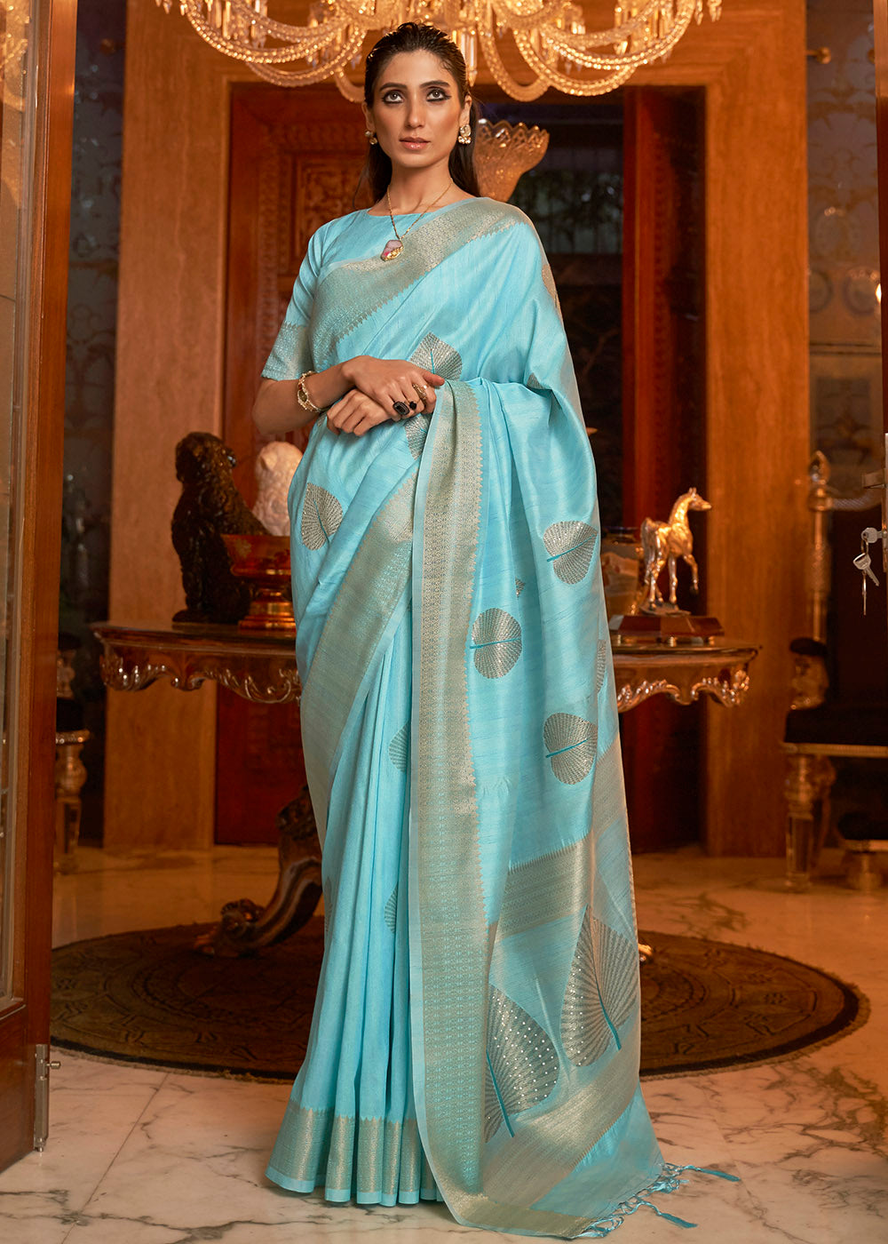 Aqua Blue Woven Designer Silk Saree with Sequins work