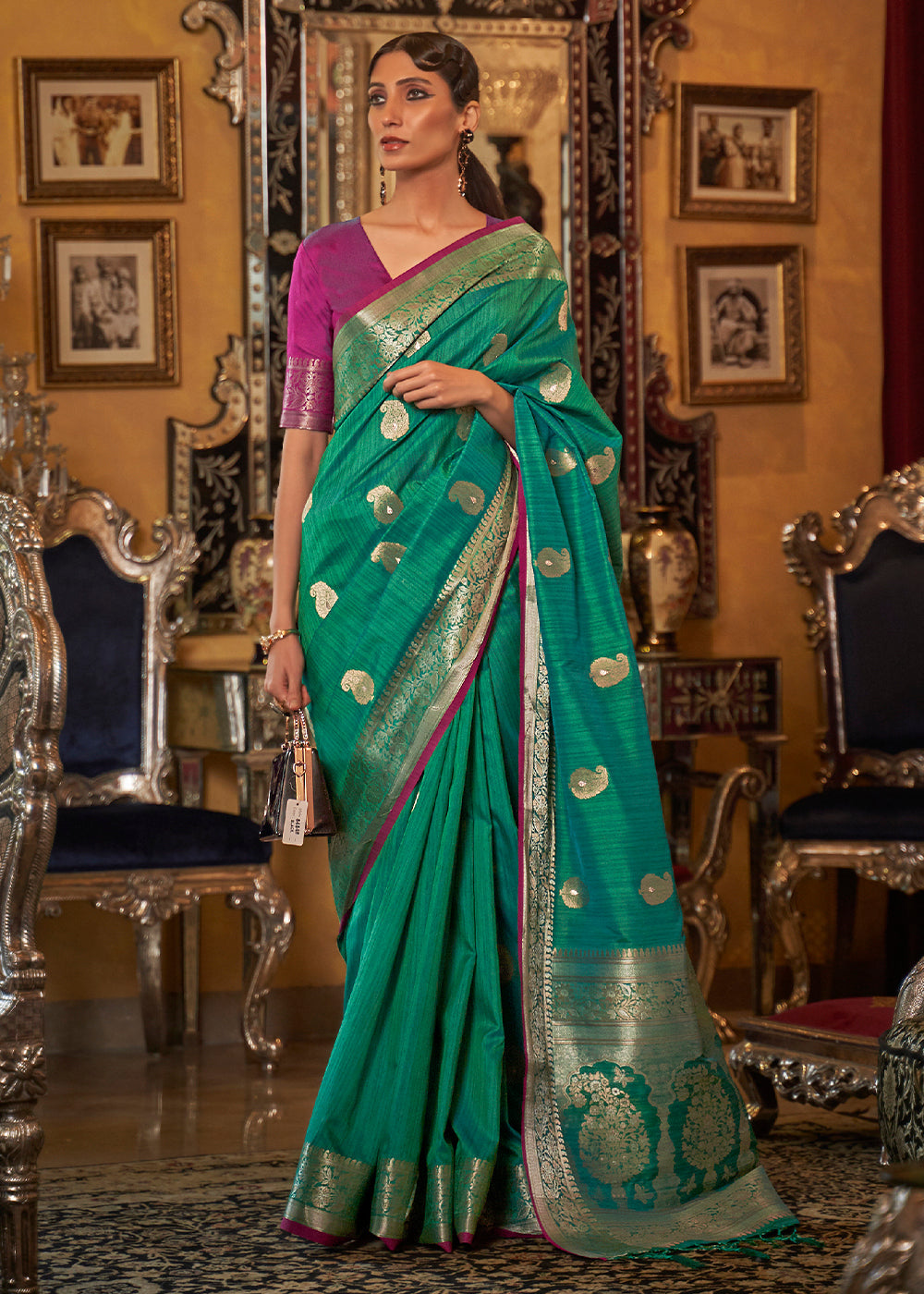 Jade Green Zari Woven Tussar Silk Saree