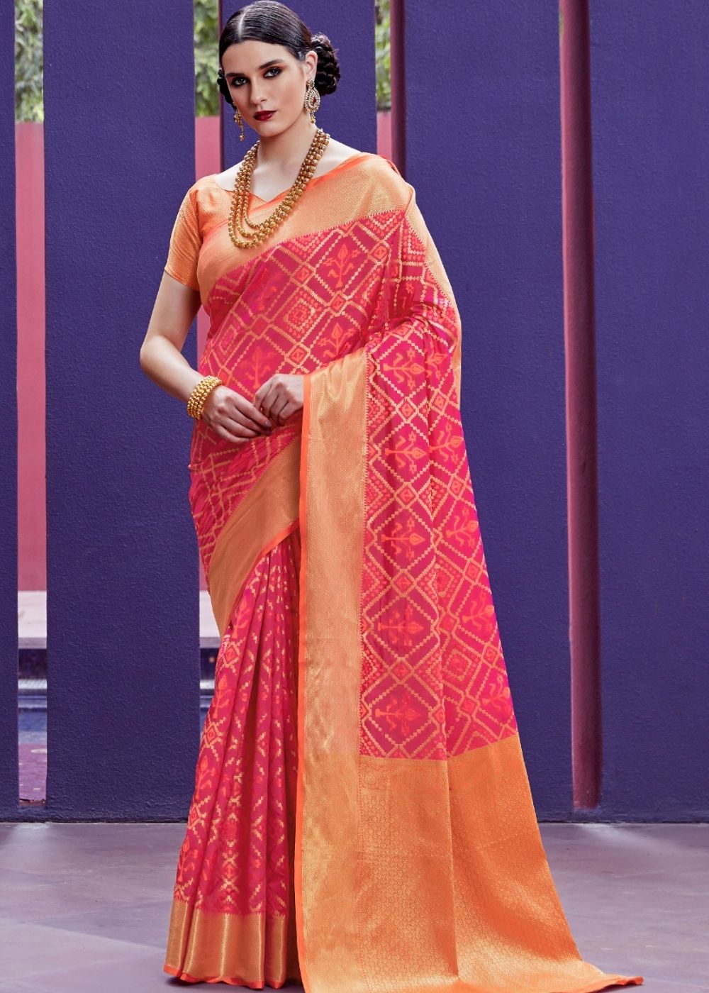 Strawberry Pink Woven Patola Silk Saree