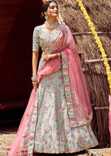 Load image into Gallery viewer, Light Caribbean Green Satin Lehenga Choli with Sequins, Swarvoski, Resham &amp; Zarkan work