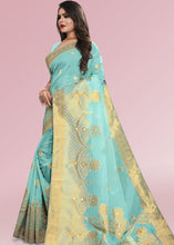 Cargar imagen en el visor de la galería, Aqua Blue Zari Woven Silk Saree with Tassels on Pallu