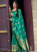 Load image into Gallery viewer, Emerald Green Silk Saree with Floral Motif Zari Border