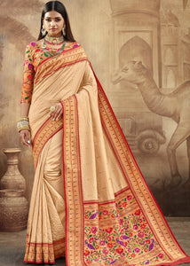 Beige Brown Woven Paithani Banarasi Silk Saree