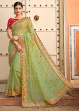 Load image into Gallery viewer, Pastel Green Organza Saree with Hand work Embroidery
