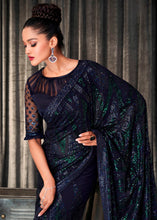 Load image into Gallery viewer, Denim Blue Embroidered Sequins Designer Georgette Saree
