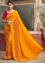 Load image into Gallery viewer, Saffron Yellow Silk Saree with Hand work Embroidery