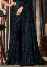 Load image into Gallery viewer, Midnight Black Embroidered Sequins Designer Georgette Saree