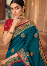 Load image into Gallery viewer, Dark Teal Blue Silk Saree with Hand work Embroidery