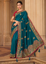 Load image into Gallery viewer, Dark Teal Blue Silk Saree with Hand work Embroidery