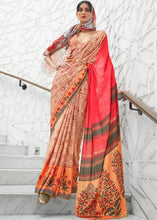 Load image into Gallery viewer, Brown &amp; Pink Digital Floral Printed Crepe Silk Saree