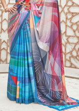 Load image into Gallery viewer, Azure Blue Digital Printed Crepe Silk Saree