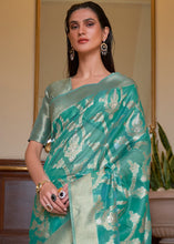 Load image into Gallery viewer, Tiffany Blue Green Two Tone Handloom Woven Organza Silk Saree
