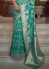 Load image into Gallery viewer, Tiffany Blue Green Two Tone Handloom Woven Organza Silk Saree