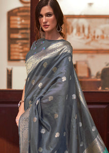 Lead Grey Woven Chanderi Banarasi Fusion Silk Saree