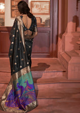 Load image into Gallery viewer, Midnight Black Woven Chanderi Banarasi Fusion Silk Saree