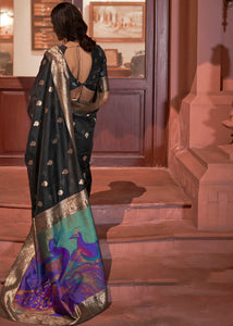 Midnight Black Woven Chanderi Banarasi Fusion Silk Saree