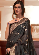Load image into Gallery viewer, Midnight Black Woven Chanderi Banarasi Fusion Silk Saree