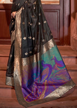 Load image into Gallery viewer, Midnight Black Woven Chanderi Banarasi Fusion Silk Saree
