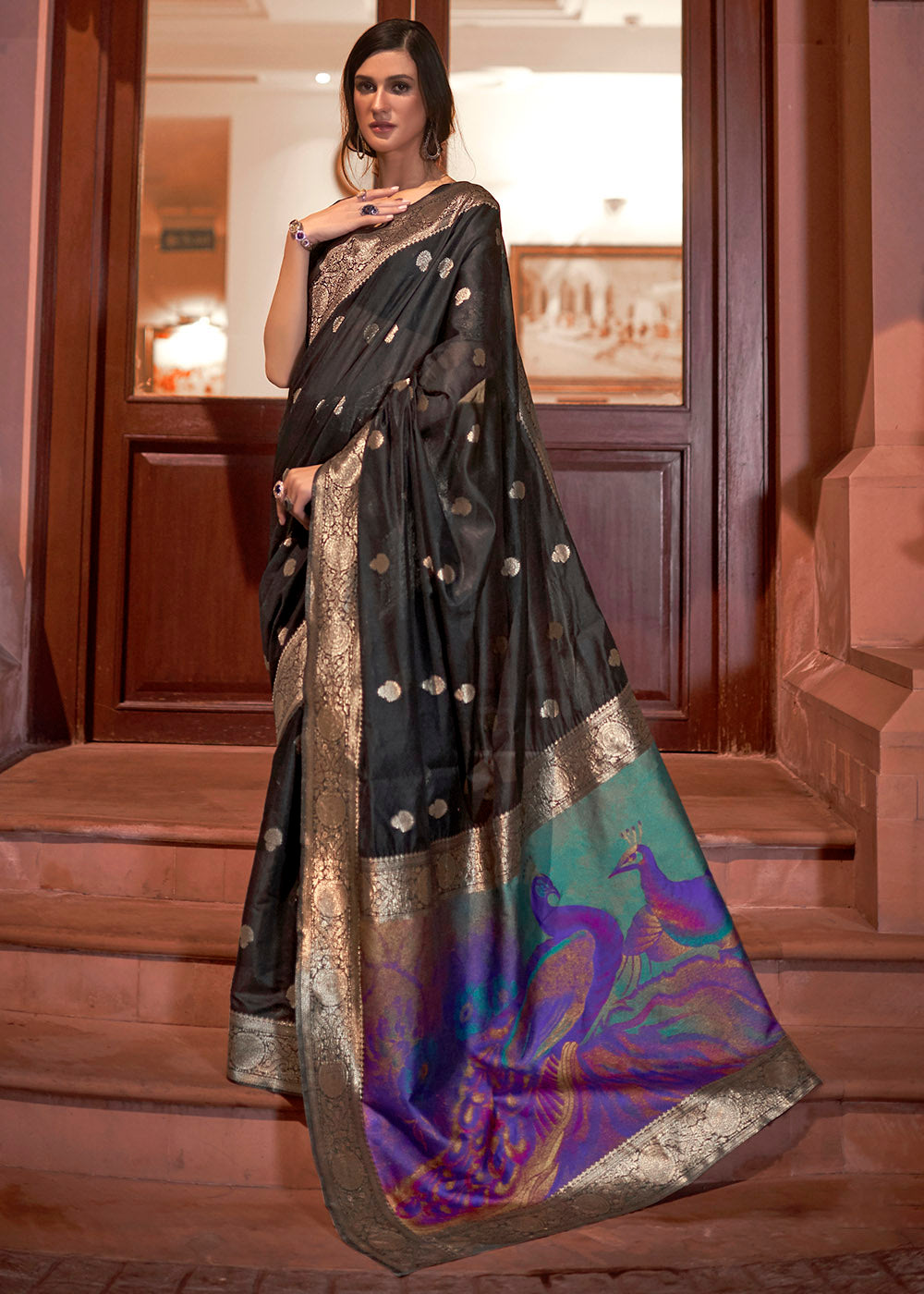 Midnight Black Woven Chanderi Banarasi Fusion Silk Saree