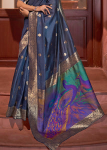 Space Blue Woven Chanderi Banarasi Fusion Silk Saree